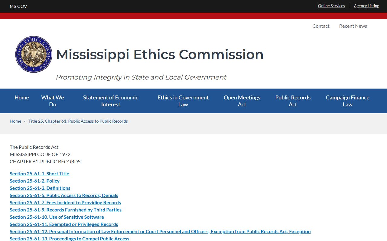 Franklin County court records after arrest Mississippi Public Records Act access rules