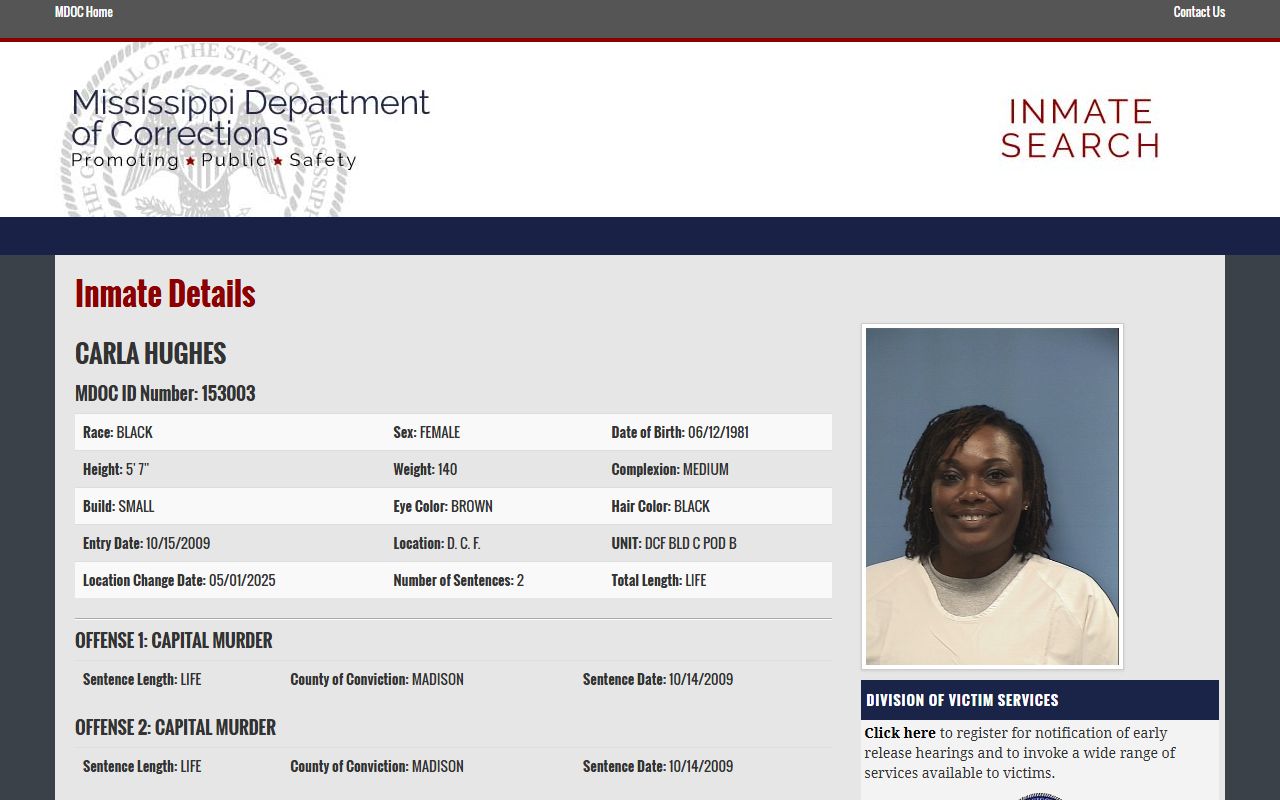 Franklin County inmate records MDOC sample profile fields
